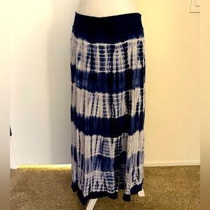 Blue and white tie-dye long stretchy flowy skirt